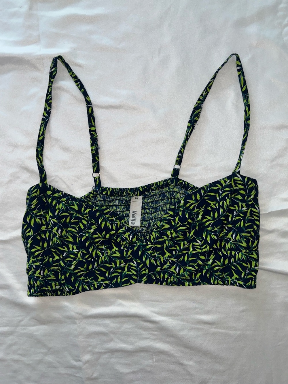 Valija Gitana Leaf-Print Crop Top in Navy & Lime